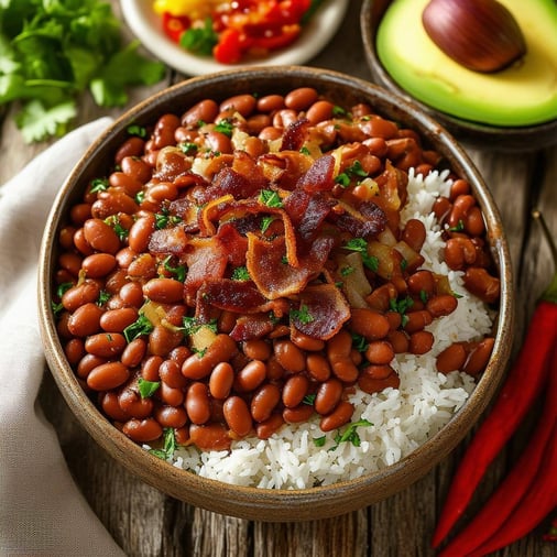 A rustic wooden table is adorned with a vibrant bowl of Brazilianstyle beans, the dark, glossy pinto beans glistening with a rich sauce infused with a