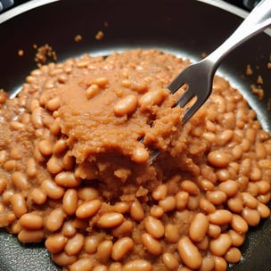 in a non stick large skillet show a very tiny amount of cooked pinto beans being mashed with a fork forming a paste