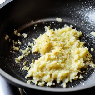 in a non stick skillet show a small amount of garlic paste being sauteed