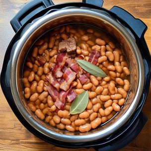 in a pressure cooker pot, show raw pinto beans with raw bacon slices, 2 bay leaves, 2 beef cubes all covered with water