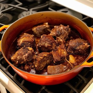 large le creuset dutch oven on top of stove showing a few pieces of oxtail browned seared