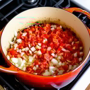 large le creuset dutch oven on top of stove showing browned bottom with chopped onions, chopped tomatoes and monced garlic being sauteed