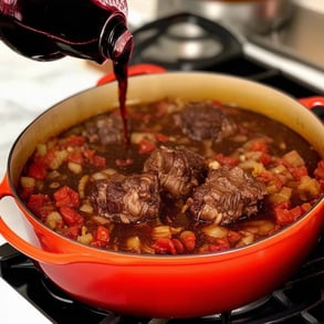 large le creuset dutch oven on top of stove showing browned oxtail with cooked chopped onions, diced tomatoes and brown broth covering filled all the
