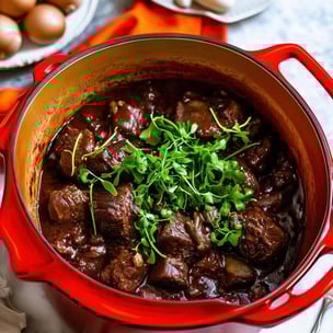 large red le creuset dutch oven with oxtail stew in rich red wine sauce with fresh watercress on top