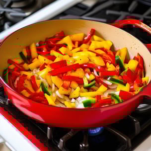 large red pan le creusset dutch oven style, on a gas stove, with olive oil, sautéing diced onions and red, green, and yellow bell peppers cut into lon