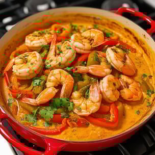 large red pan le creusset dutch oven style, tan color inside the pan, on a gas stove, with fully bell peppers cut into long stripes, very large shrimp