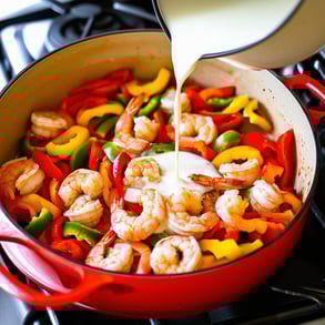 large red pan le creusset dutch oven style, tan color inside the pan, on a gas stove, with fully cooked red, green, and yellow bell peppers cut into l